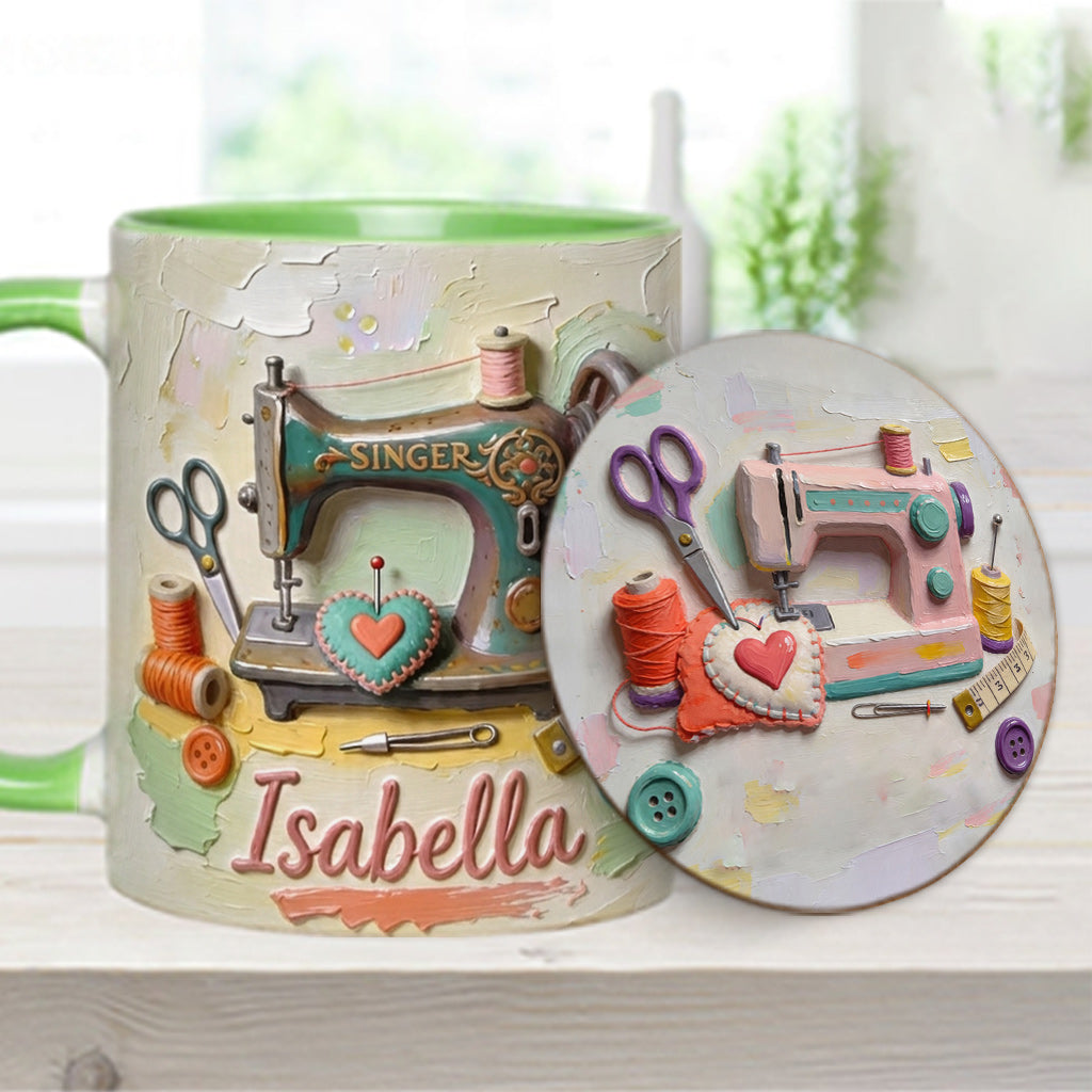 Ein Mädchen, das Nähen liebt - Personalisierte Näh-Tasse & Untersetzer
