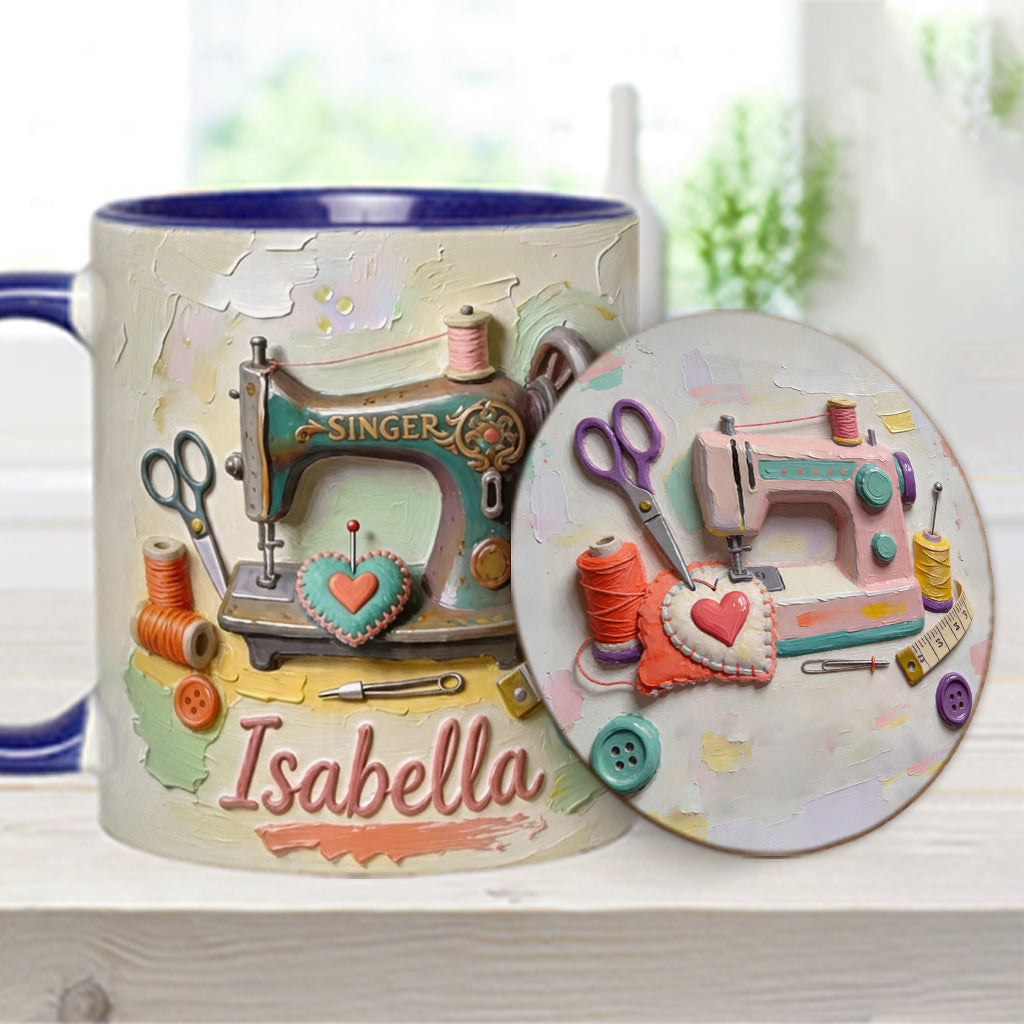 Ein Mädchen, das Nähen liebt - Personalisierte Näh-Tasse & Untersetzer