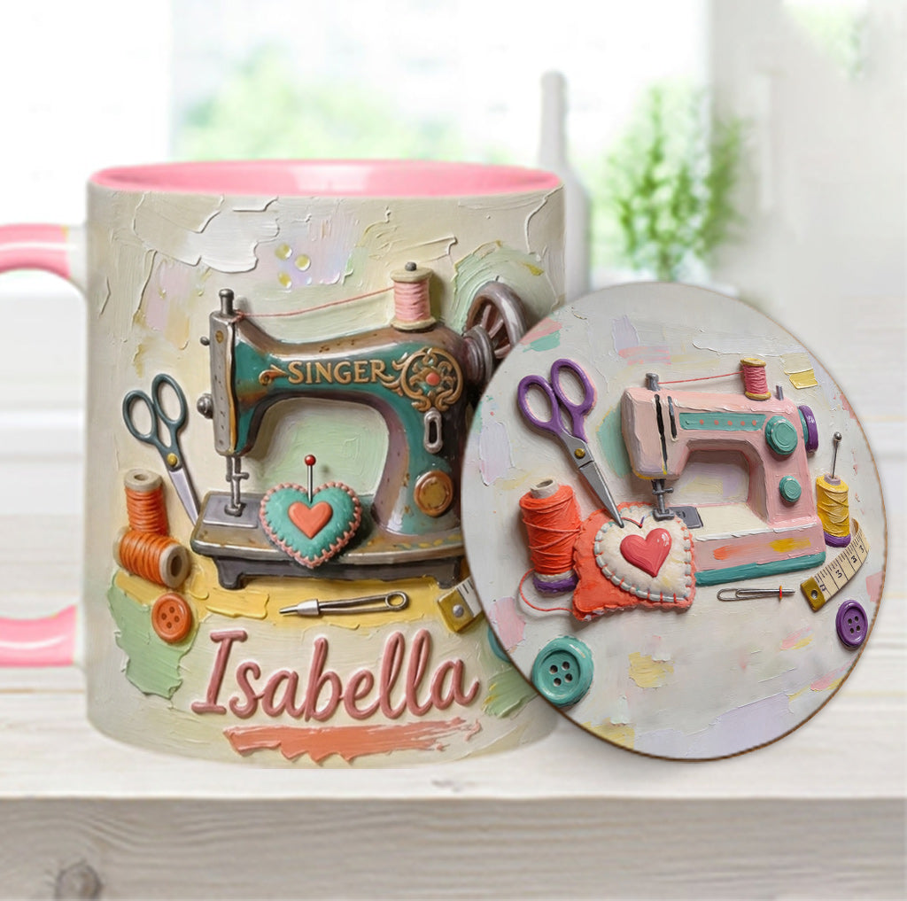 Ein Mädchen, das Nähen liebt - Personalisierte Näh-Tasse & Untersetzer