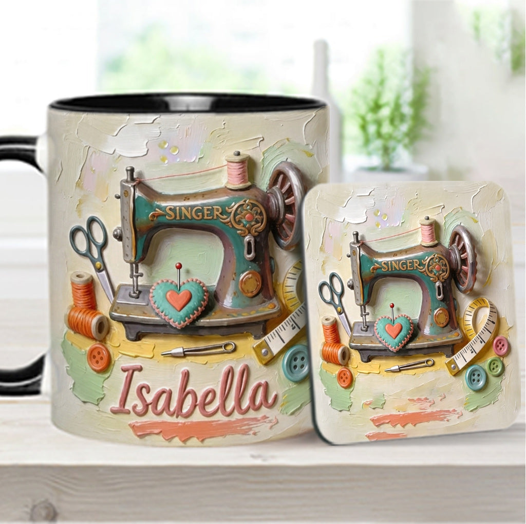 Ein Mädchen, das Nähen liebt - Personalisierte Näh-Tasse & Untersetzer