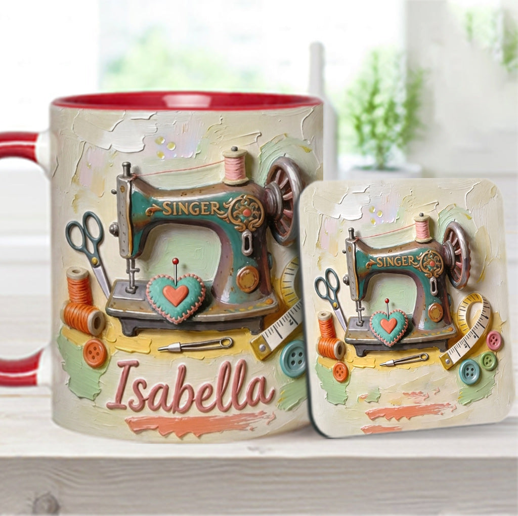 Ein Mädchen, das Nähen liebt - Personalisierte Näh-Tasse & Untersetzer
