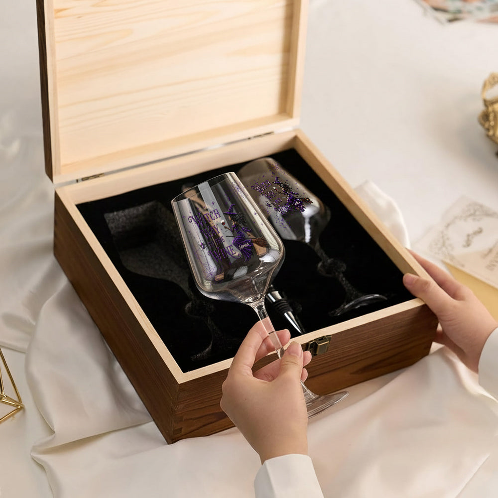 Drink Up Witches - Verres à vin de sorcière personnalisés avec boîte en bois