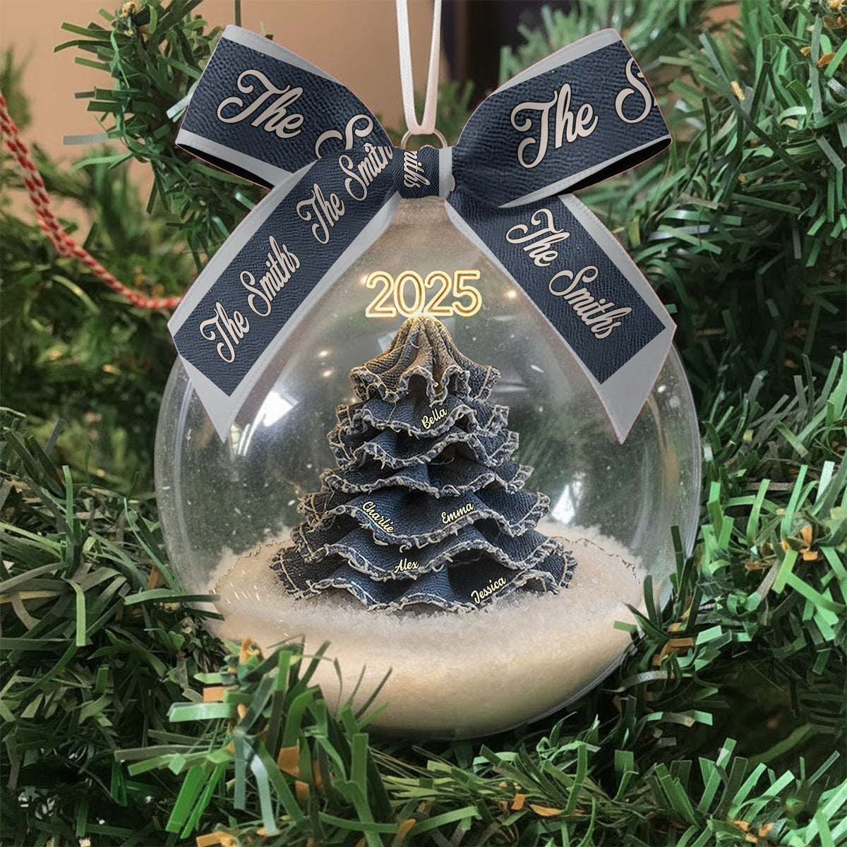 Merry Christmas Family - Personalized Family Snow Globe Ornament With Bow