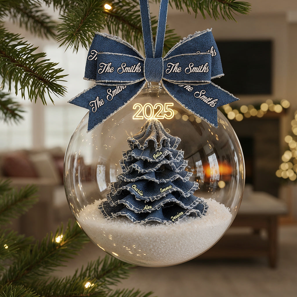 Merry Christmas Family - Personalized Family Snow Globe Ornament With Bow