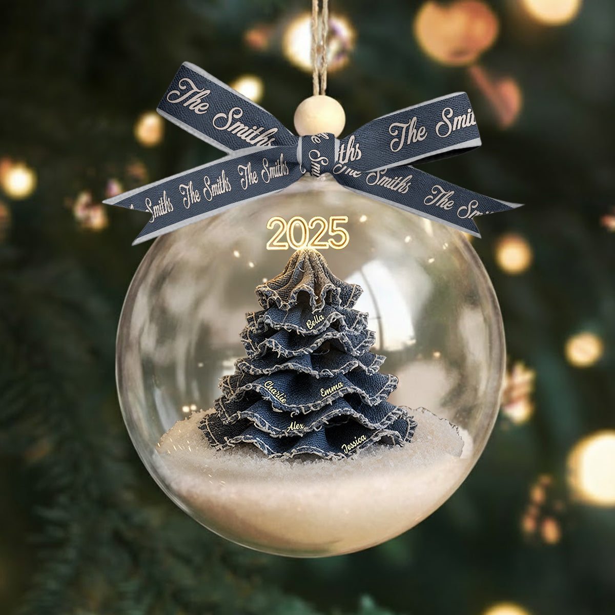 Merry Christmas Family - Personalized Family Snow Globe Ornament With Bow