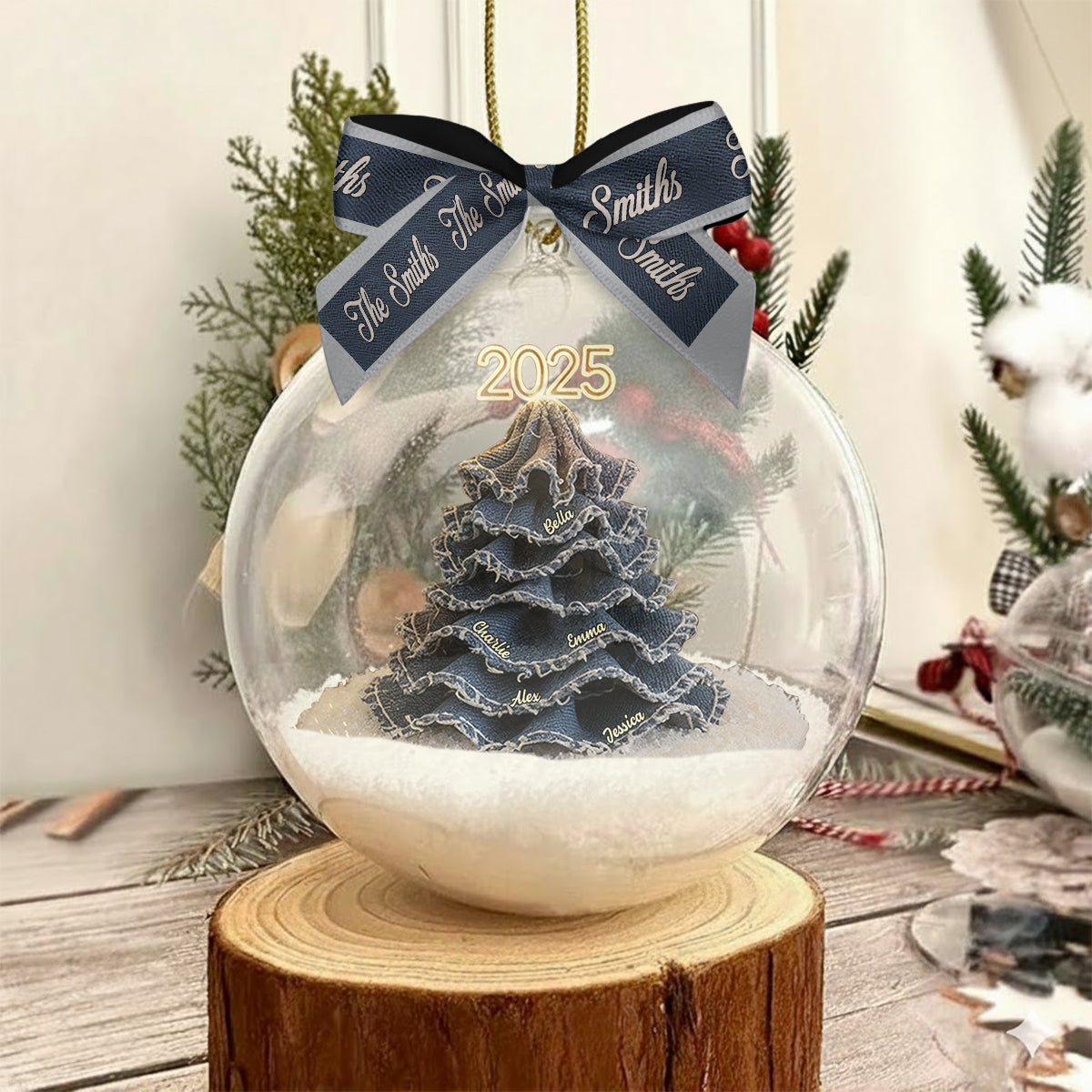 Merry Christmas Family - Personalized Family Snow Globe Ornament With Bow