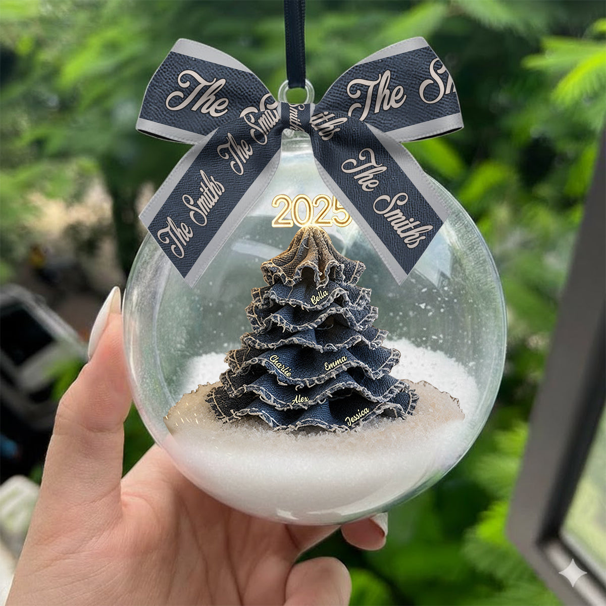 Merry Christmas Family - Personalized Family Snow Globe Ornament With Bow