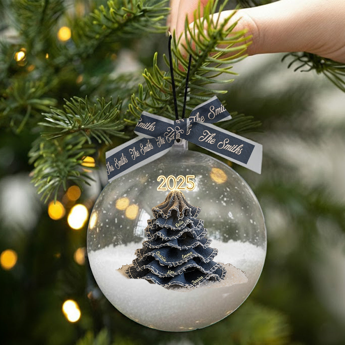 Merry Christmas Family - Personalized Family Snow Globe Ornament With Bow