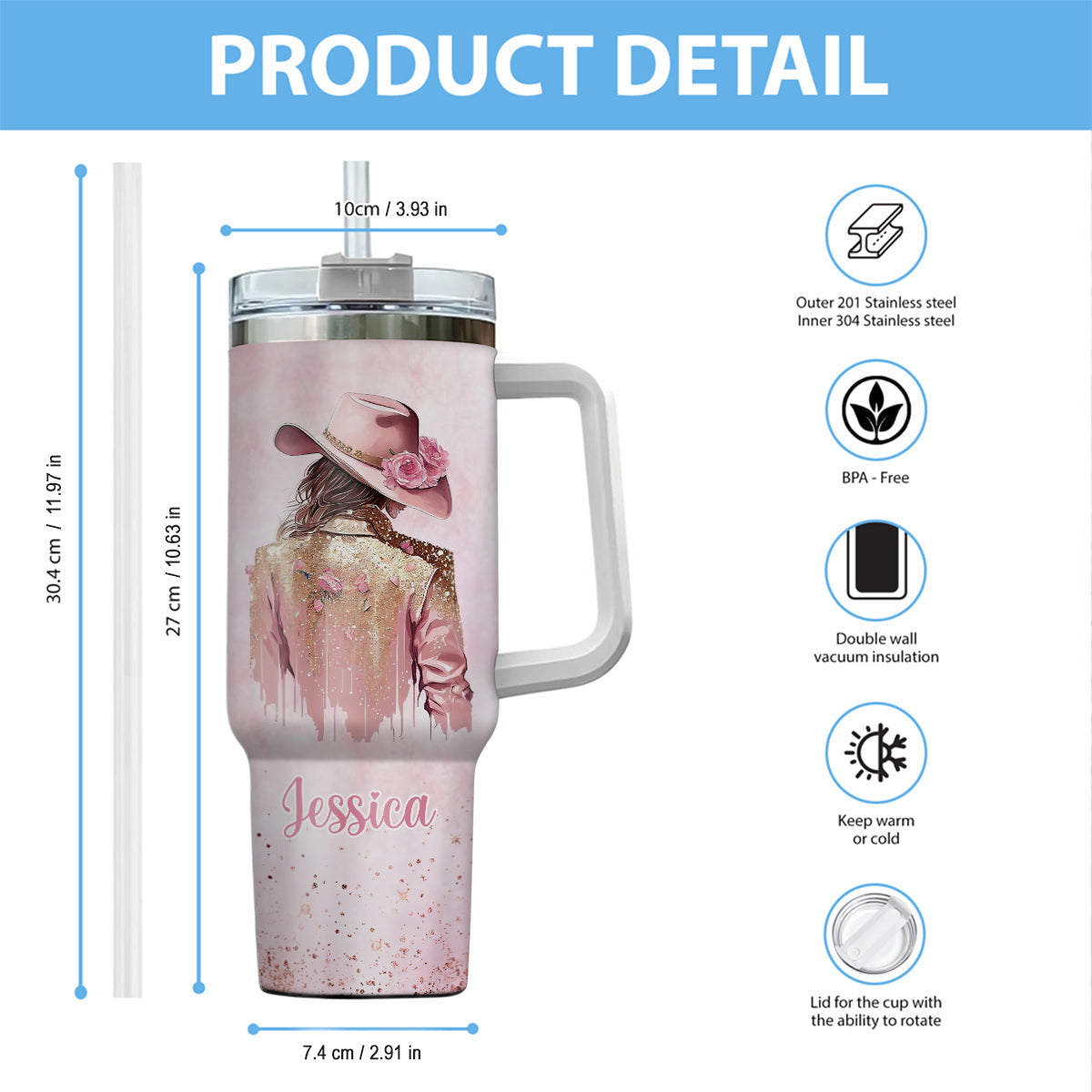 Cowgirl-Spirit – Personalisierter Cowgirl-Trinkbecher mit Henkel