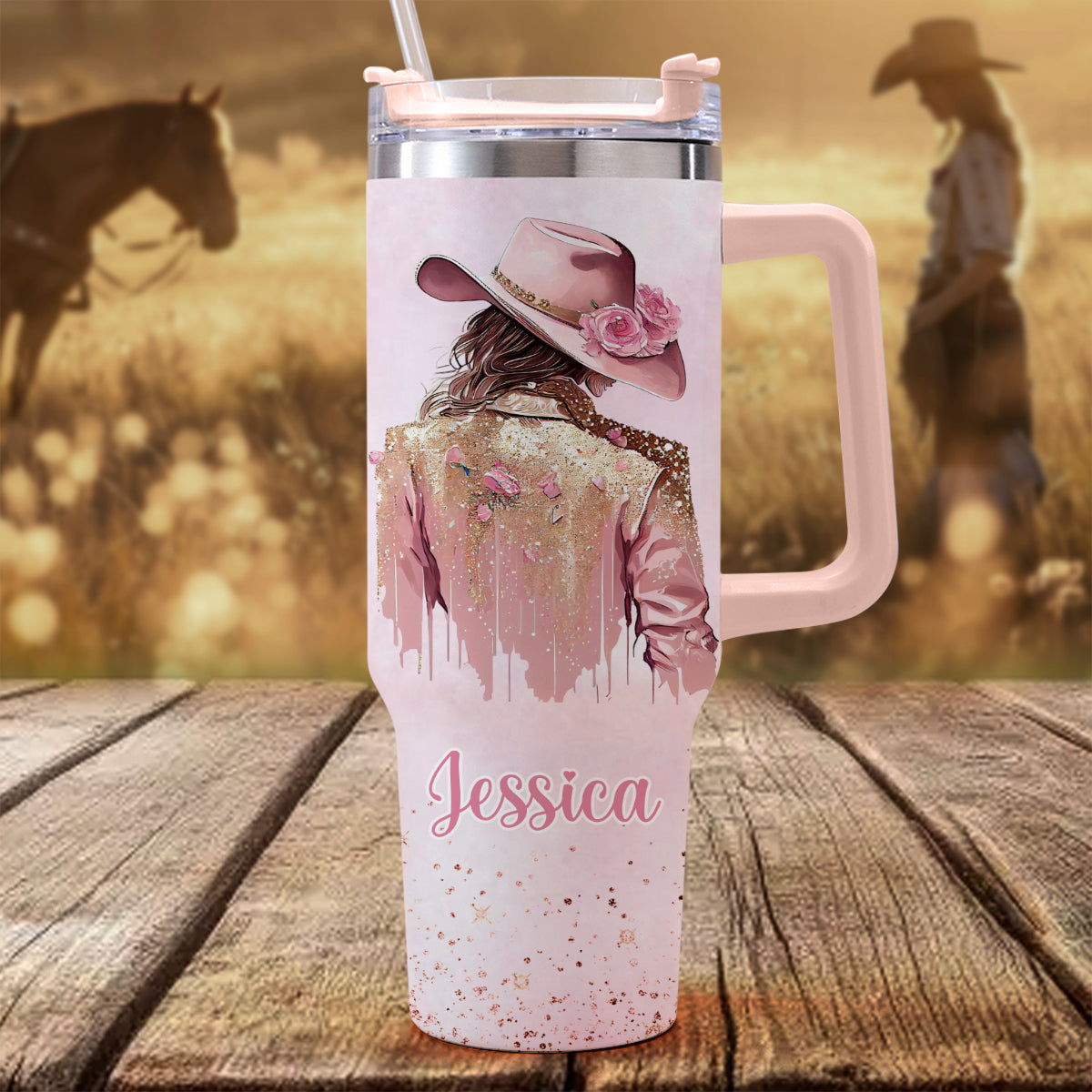 Cowgirl-Spirit – Personalisierter Cowgirl-Trinkbecher mit Henkel