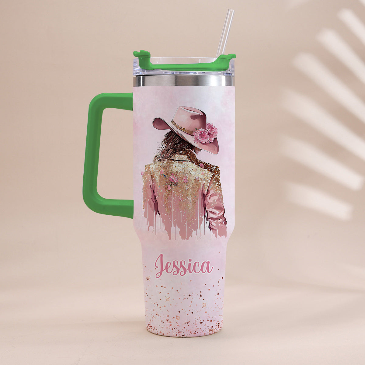 Cowgirl-Spirit – Personalisierter Cowgirl-Trinkbecher mit Henkel