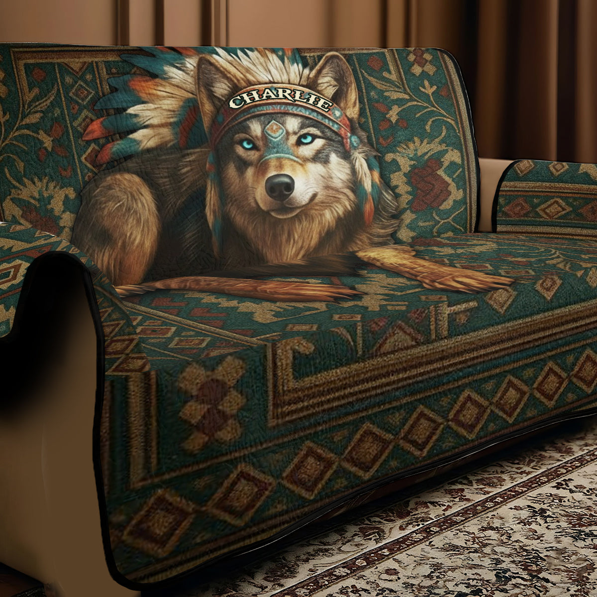 Native American Wolf - Personalized American Indian Quilted Sofa/Couch Cover