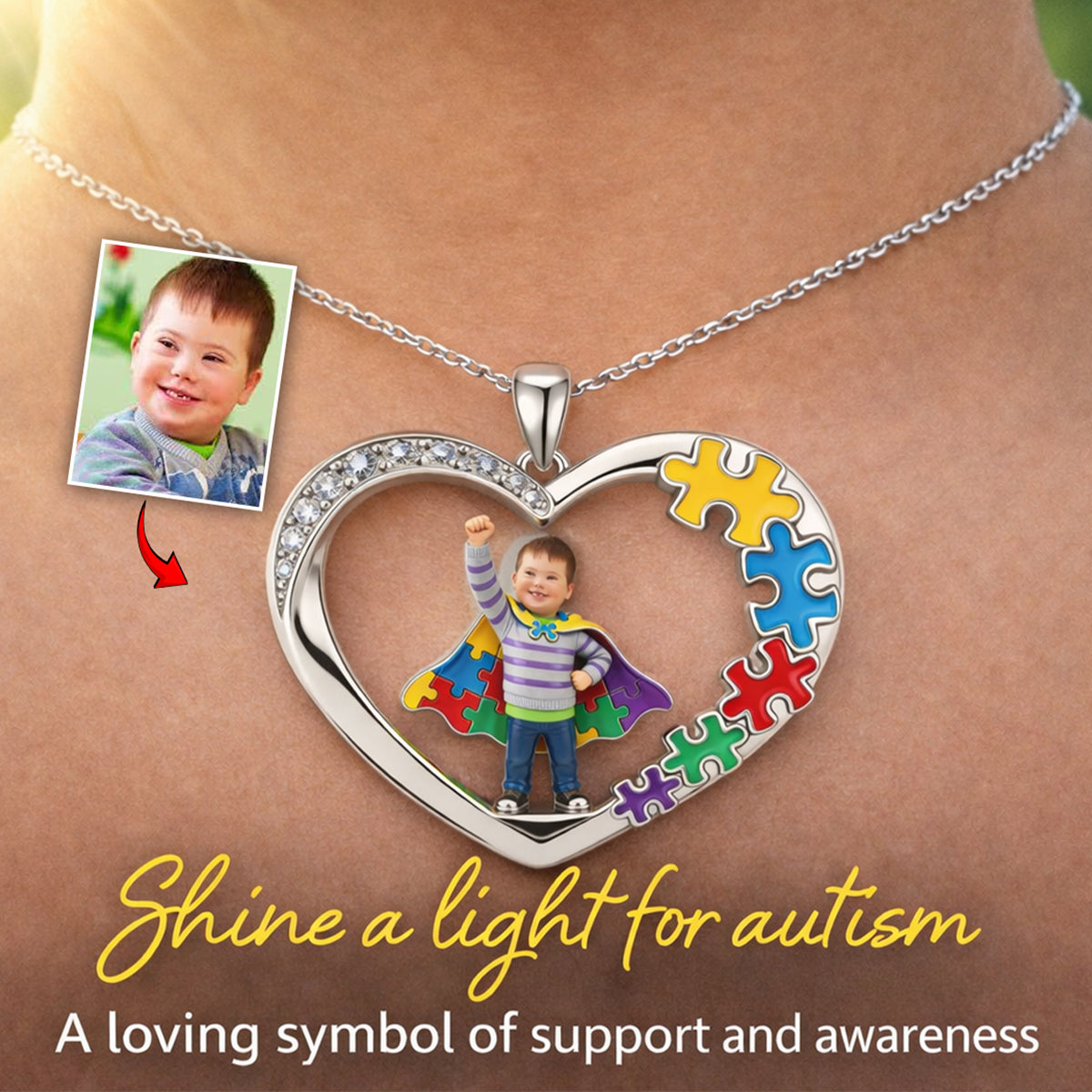 Autism Kid - Personalized Autism Awareness Shaped Metal Pendant Necklace