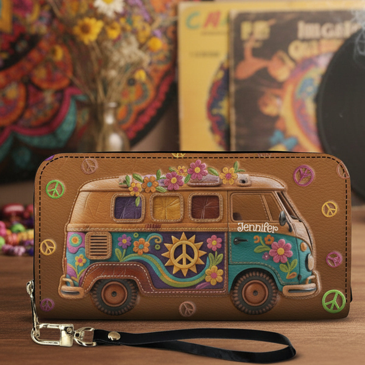 Floral Hippie Van - Personalized Hippie Leather Long Wallet