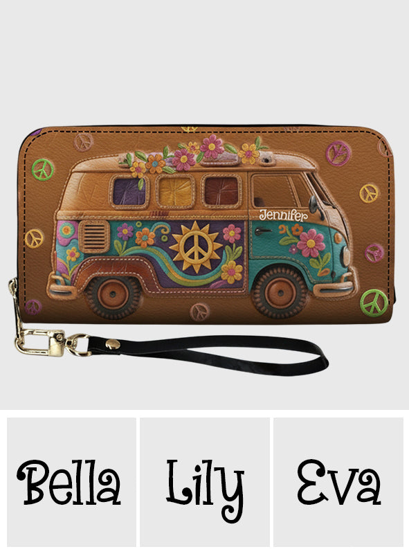 Floral Hippie Van - Personalized Hippie Leather Long Wallet