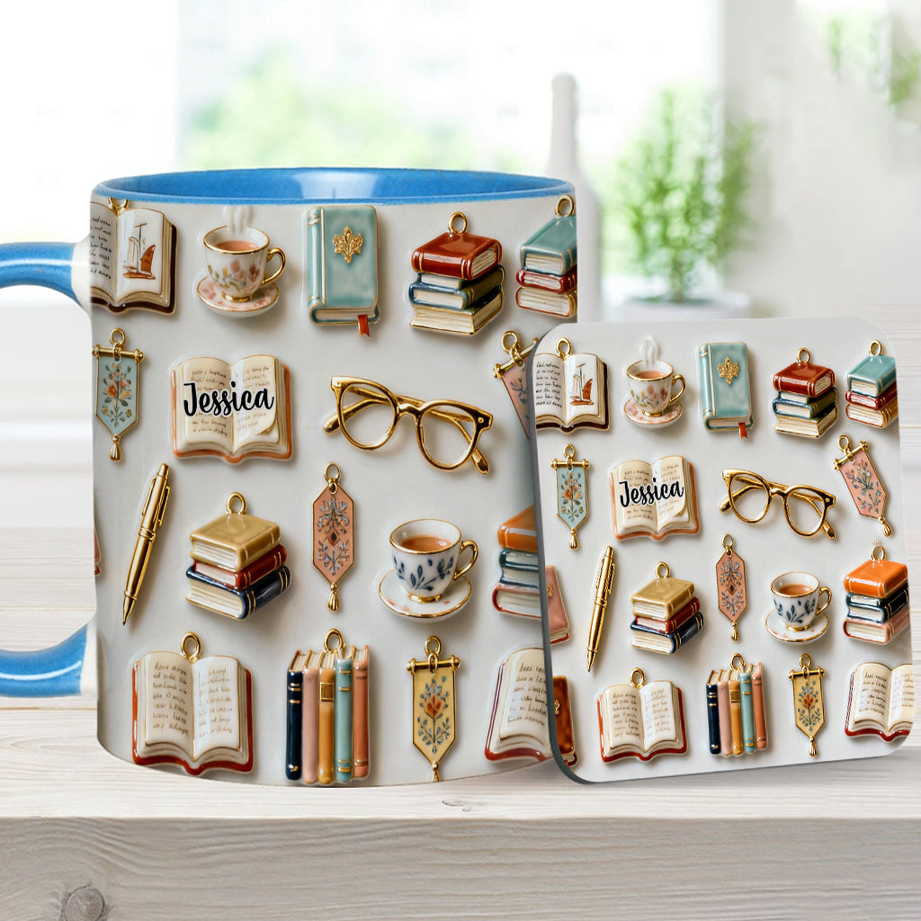 Einfach ein Mädchen, das Bücher liebt – Personalisierte Tasse und Untersetzer mit Buchmotiv