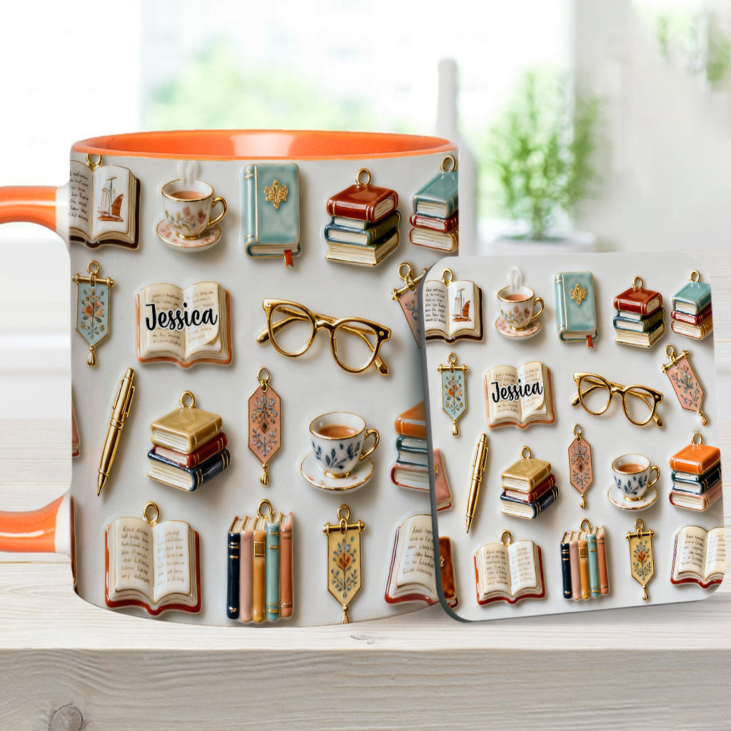 Einfach ein Mädchen, das Bücher liebt – Personalisierte Tasse und Untersetzer mit Buchmotiv