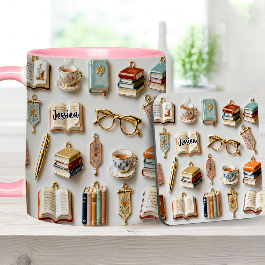 Einfach ein Mädchen, das Bücher liebt – Personalisierte Tasse und Untersetzer mit Buchmotiv