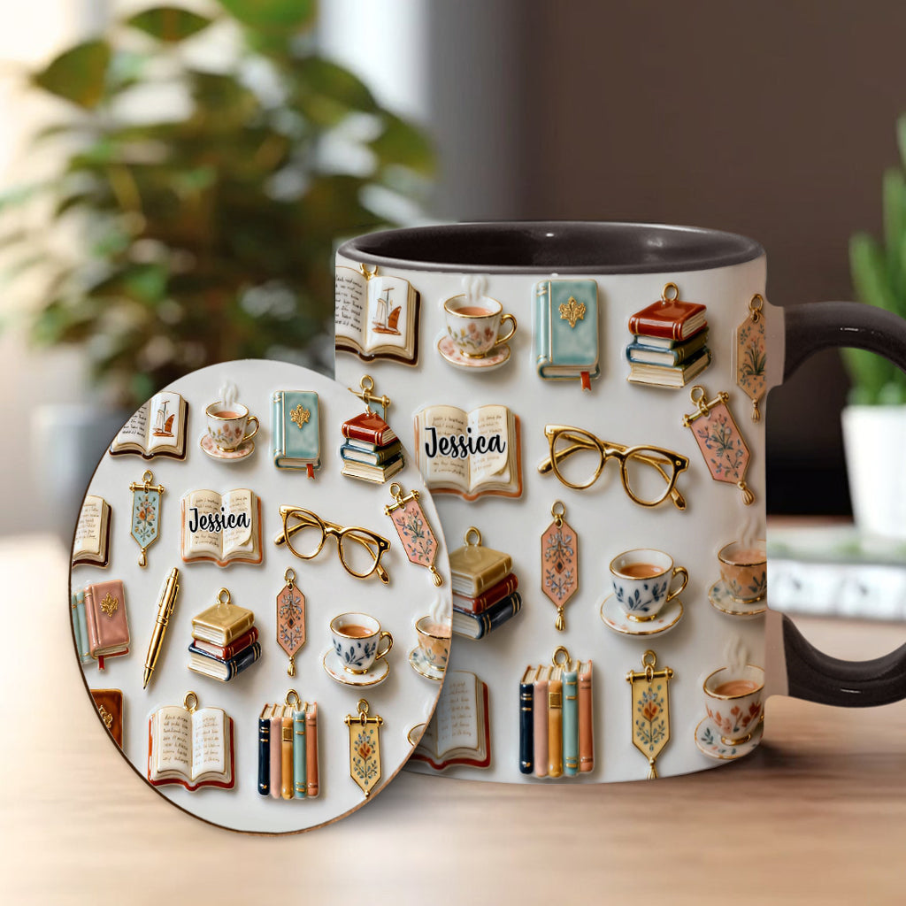 Einfach ein Mädchen, das Bücher liebt – Personalisierte Tasse und Untersetzer mit Buchmotiv