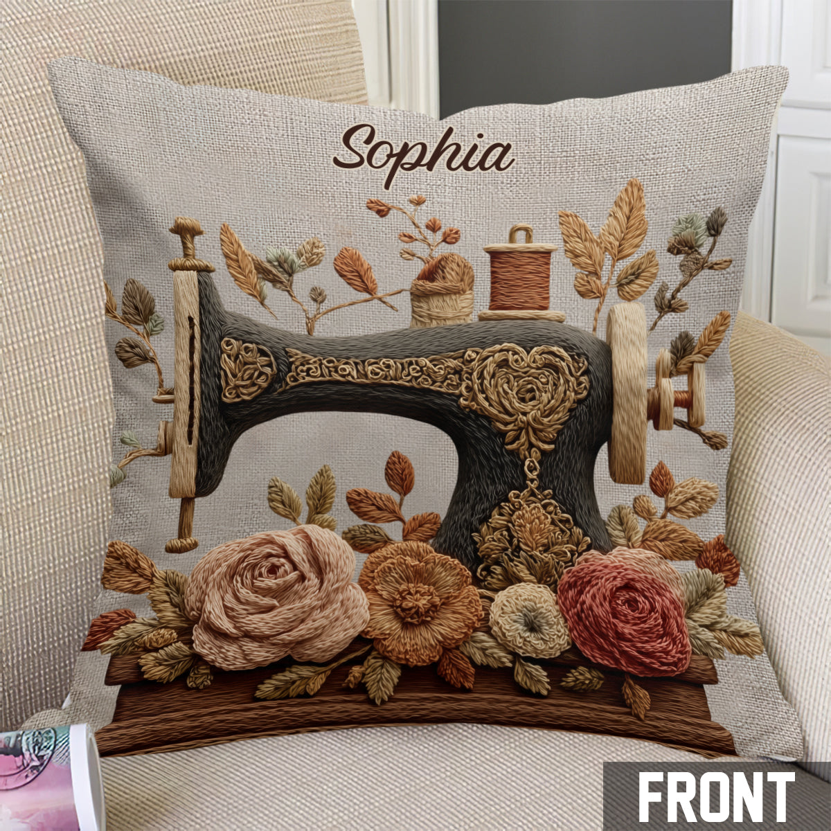 J'adore coudre - Coussin décoratif personnalisé sur le thème de la couture