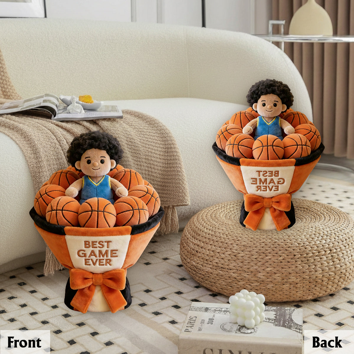 Individuell gestalteter Basketball-Plüschstrauß – Personalisiertes Basketball-Kissen aus hochwertigem Kunstfell