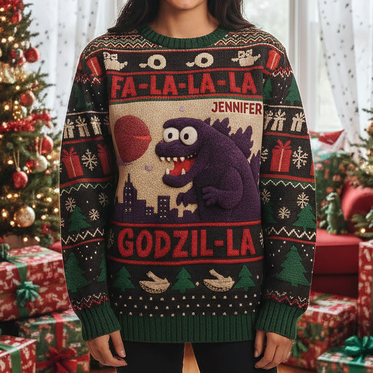 Godzilla Christmas Falala - Personalized Giant Monster Ugly Sweater