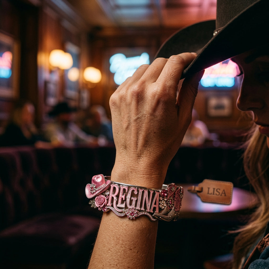 Western Style Pink Cowgirl Boots - Personalized Cowgirl Shaped Cuff Bracelet