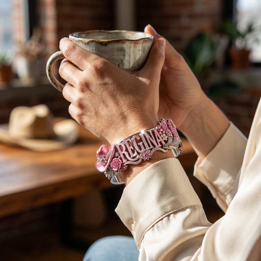 Western Style Pink Cowgirl Boots - Personalized Cowgirl Shaped Cuff Bracelet