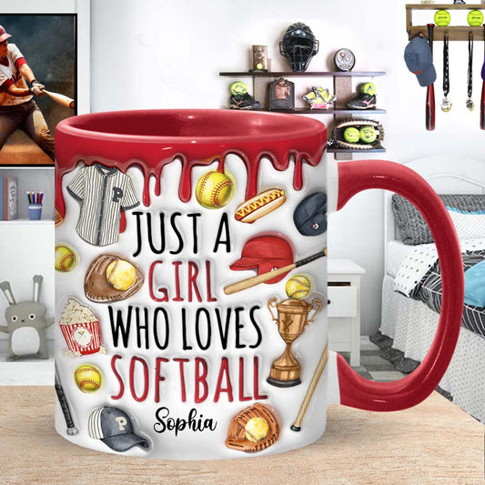 Einfach ein Mädchen, das Softball liebt – personalisierte Tasse mit Softball-Motiv
