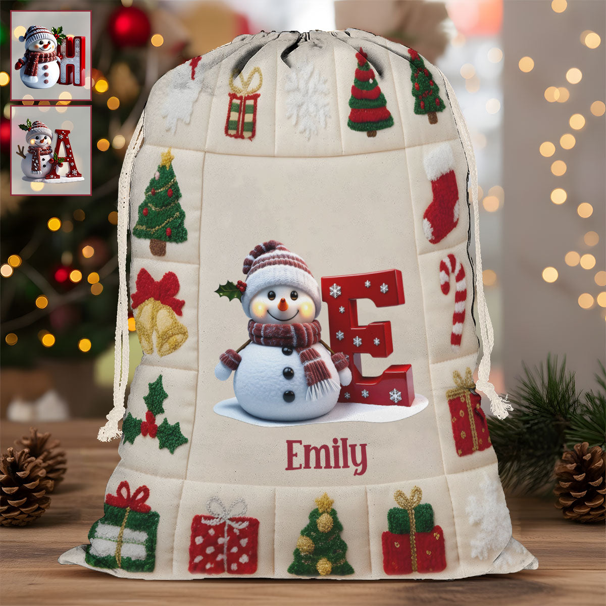 Alphabet SnowmanPresents Bag - Personalized Family Drawstring Tote Bag