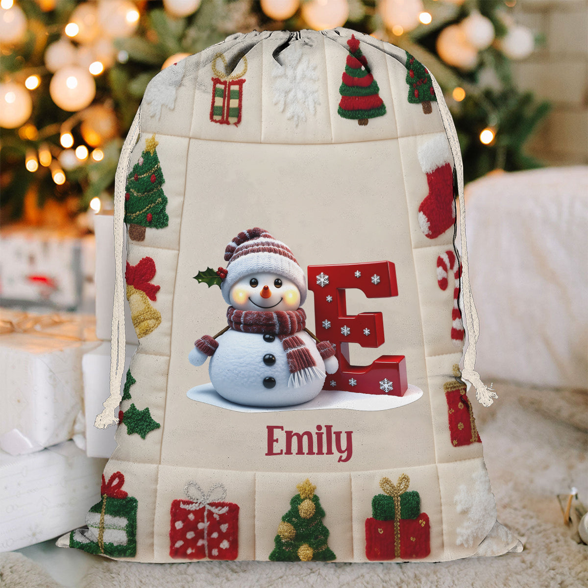 Alphabet SnowmanPresents Bag - Personalized Family Drawstring Tote Bag