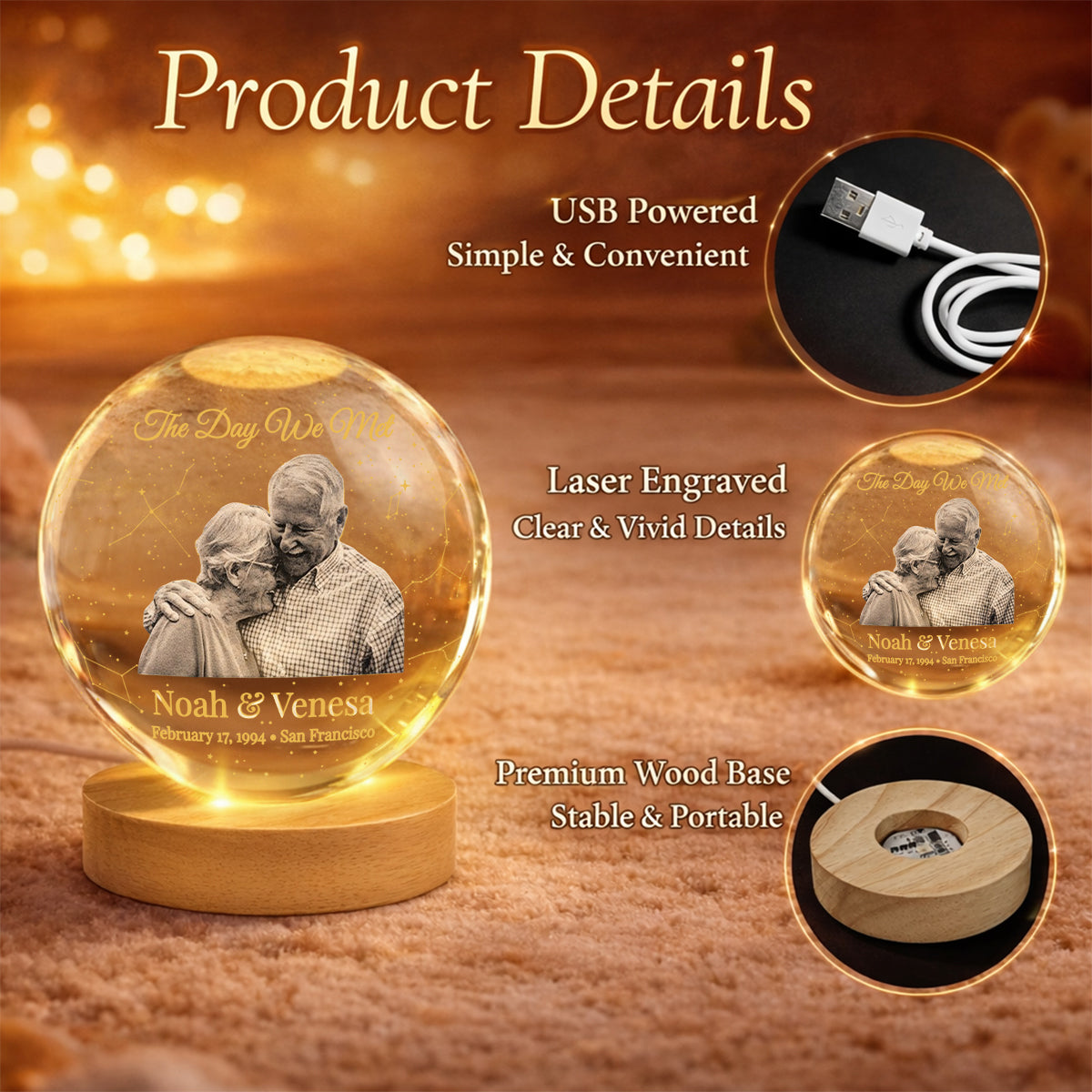 Personalized Star Map, The Night We Met - Personalized Couple Crystal Ball Night Light