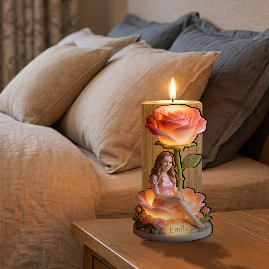 Custom From Photo And Flower - Personalized Self Love Custom Shape Wooden Candle Holder