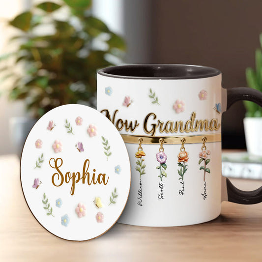 Erst Mama, jetzt Oma – Personalisierte Tasse und Untersetzer mit Oma-Motiv