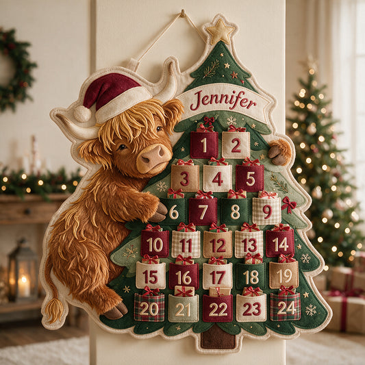 Warten auf Weihnachten - Personalisierter Highland Cow Stoff Adventskalender