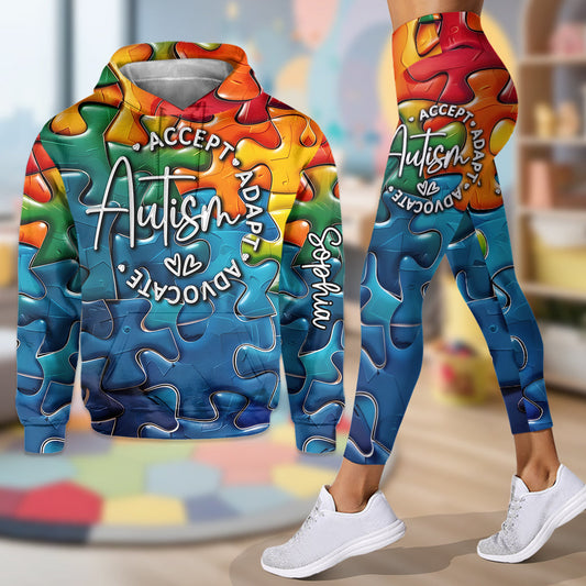 Autism Accept Adapt Advocate - Personalized Autism Awareness Hoodie and Leggings