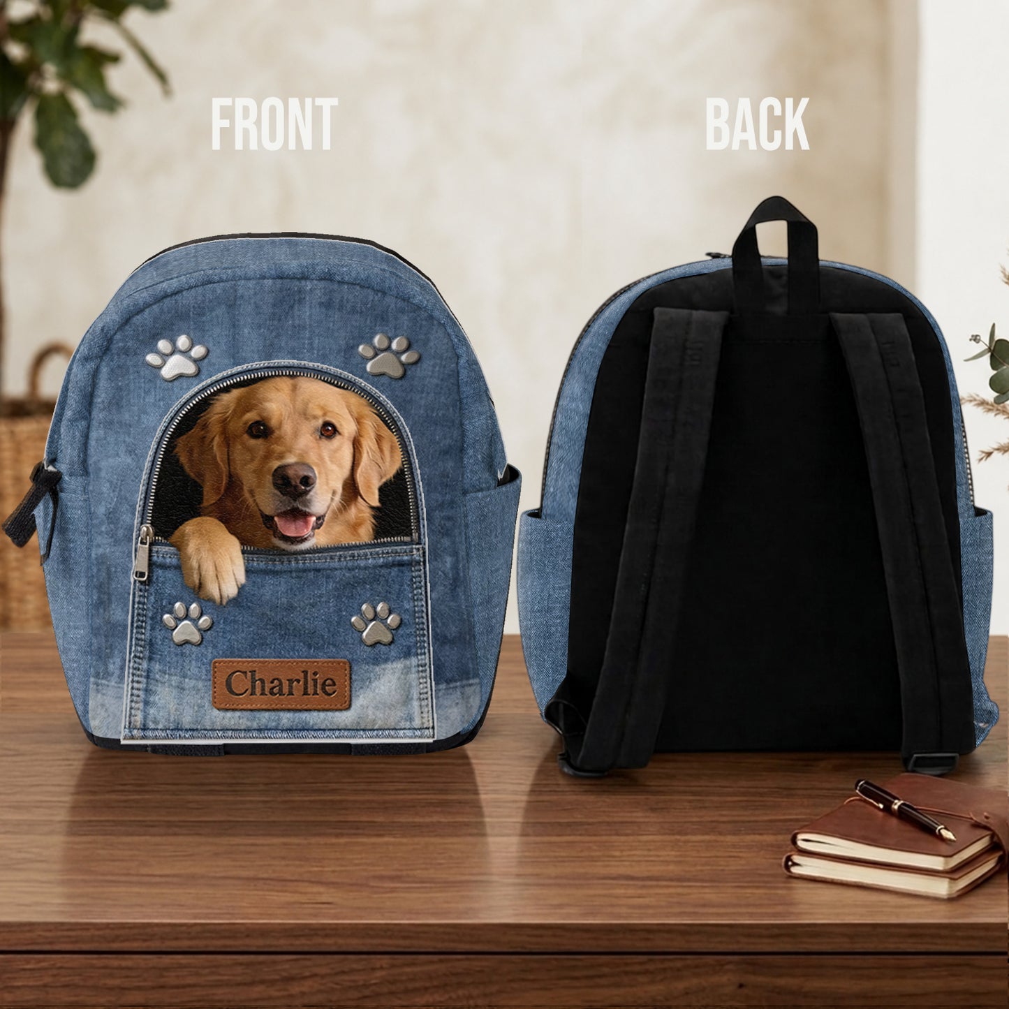 Personalisierter Denim-Hunderrucksack - Verstellbarer Lederpatch-Rucksack
