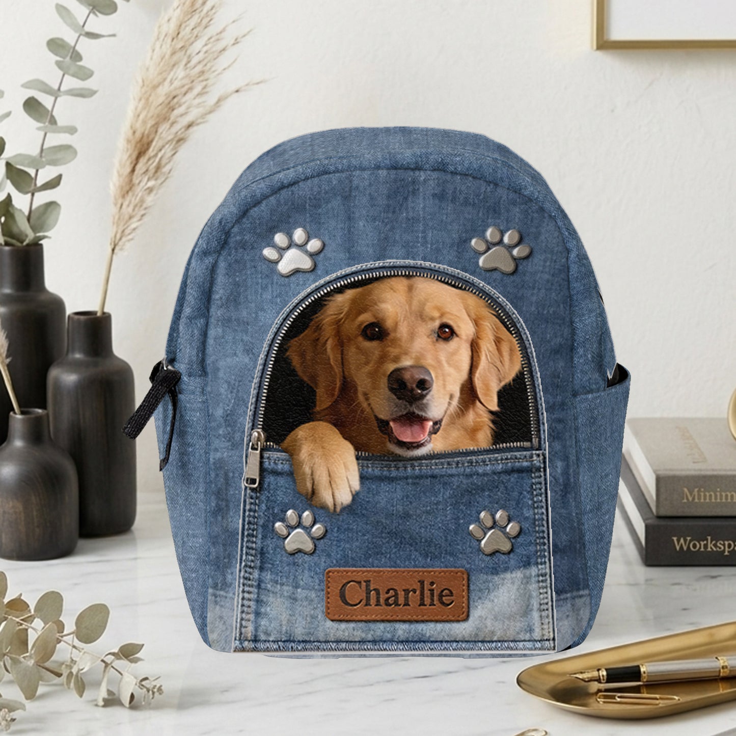 Personalisierter Denim-Hunderrucksack - Verstellbarer Lederpatch-Rucksack