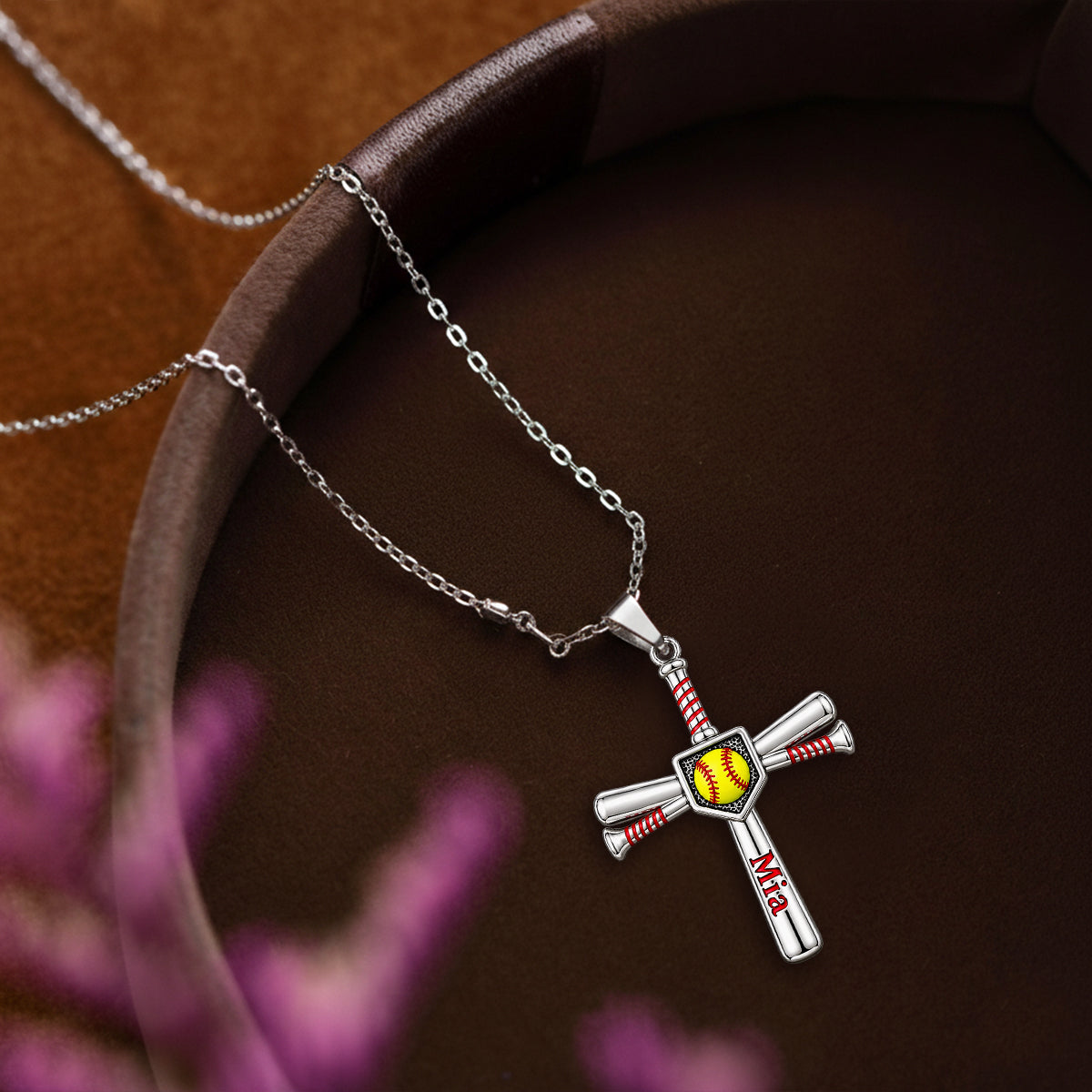 Trust - Personalized Softball Shaped Metal Pendant Necklace