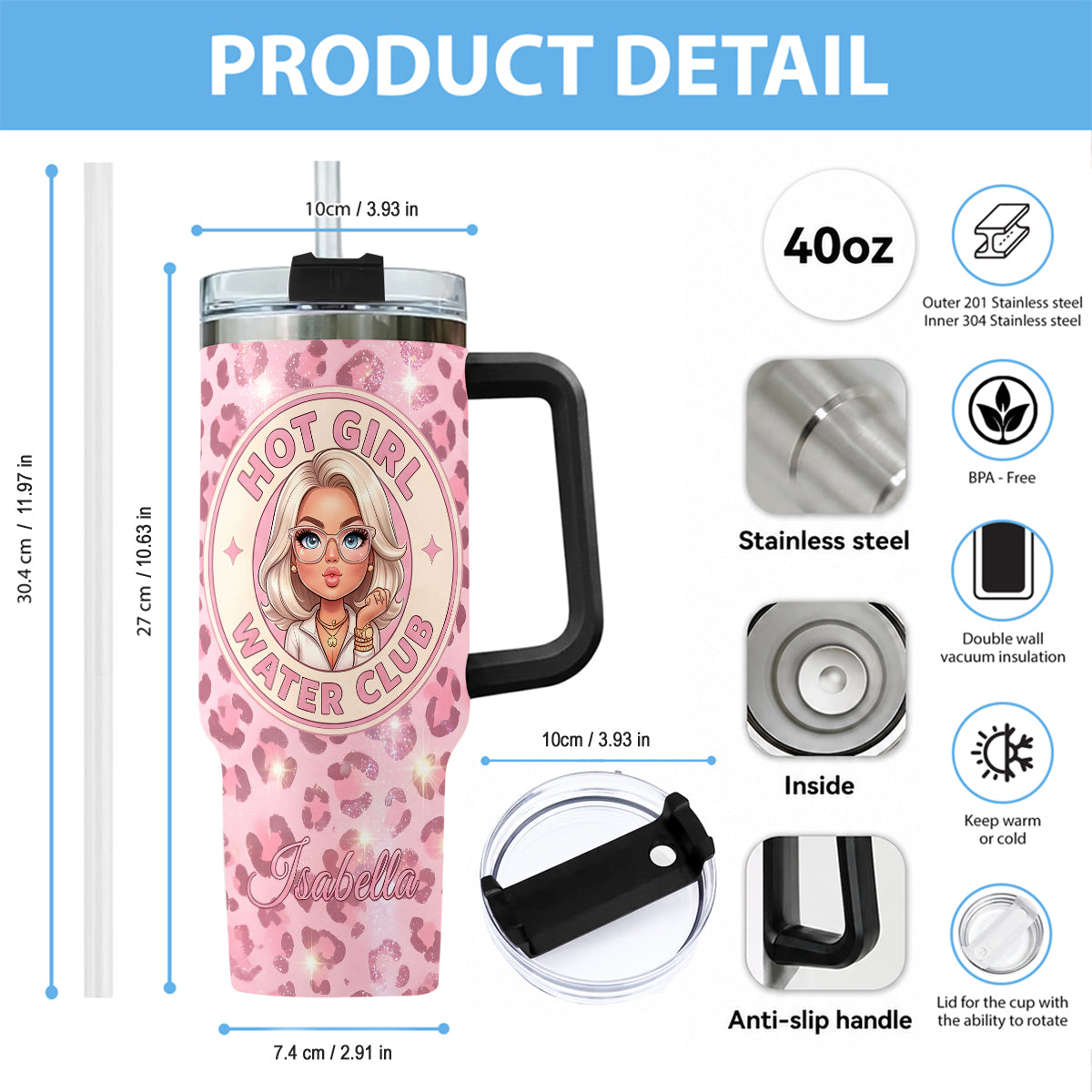 Hot Girl Water's Club, Geschenk für Frauen - Personalisierter Selbstliebe Becher mit Plüschanhänger