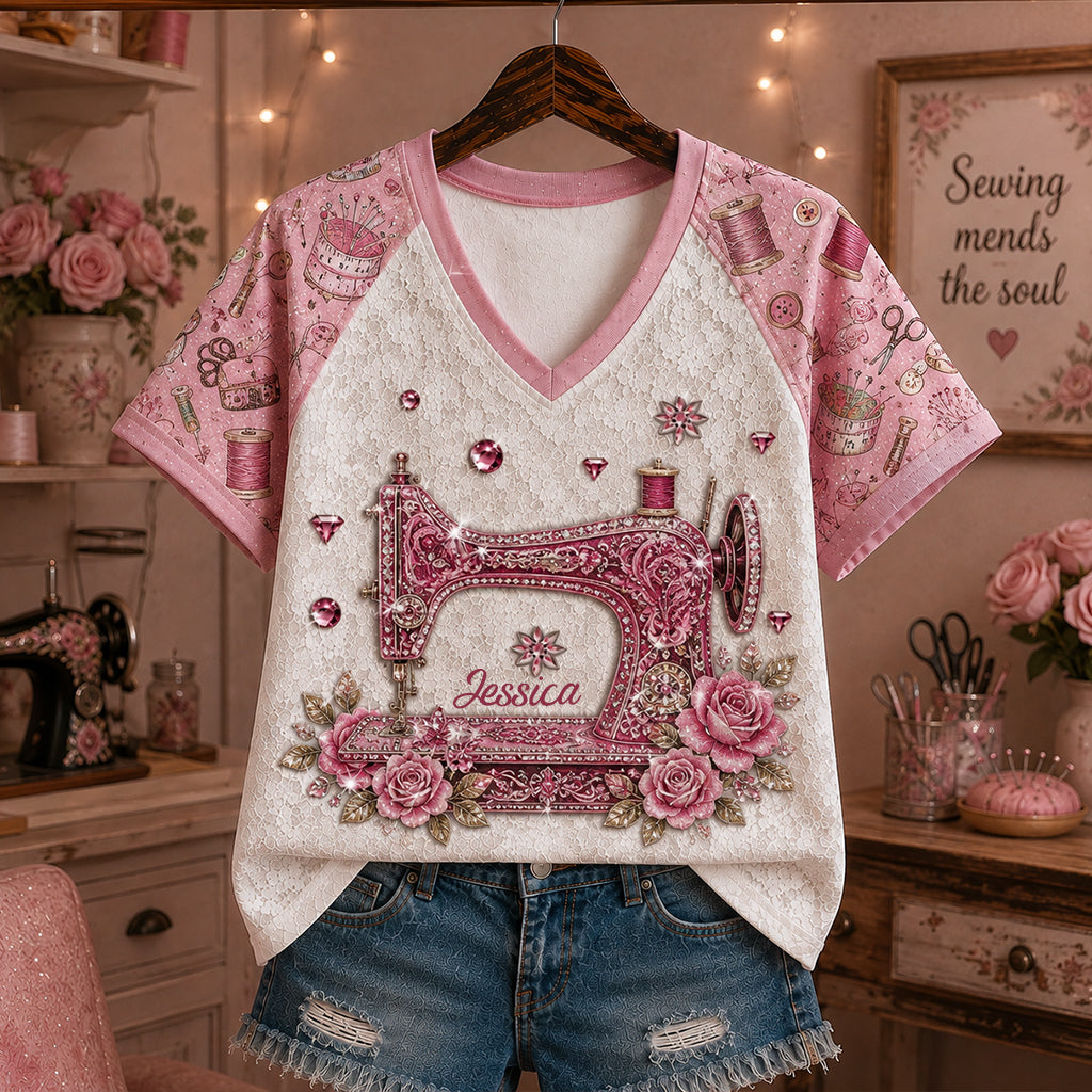 Love Sewing - Personalized Sewing Fully Printed V-Neck T-Shirt