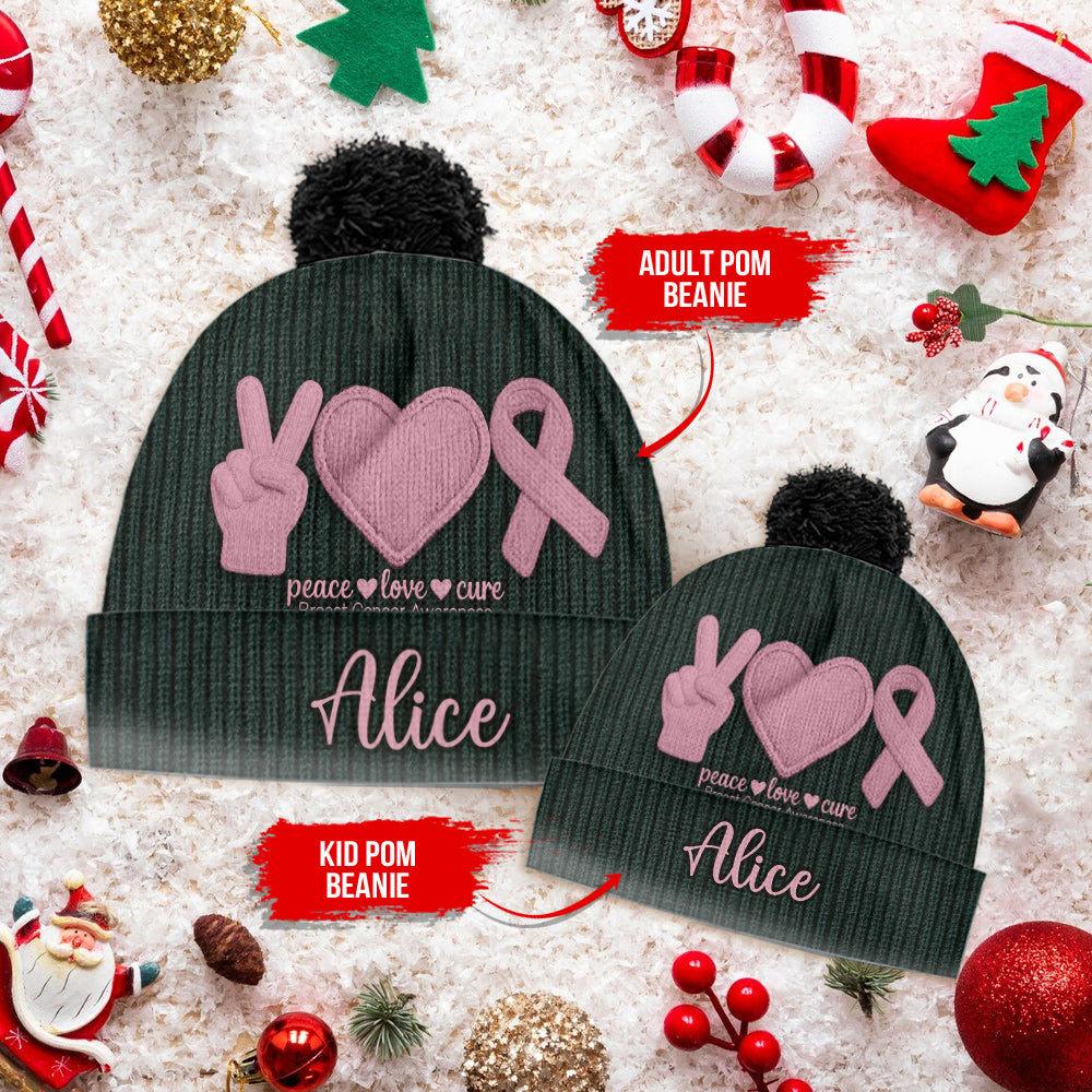 Peace Love Cure Pink Ribbon - Personalized Breast Cancer Awareness Beanie Hat