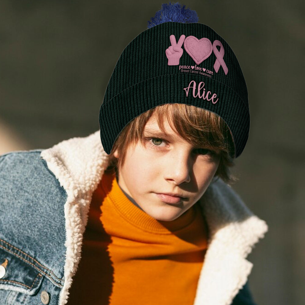 Peace Love Cure Pink Ribbon - Personalized Breast Cancer Awareness Beanie Hat