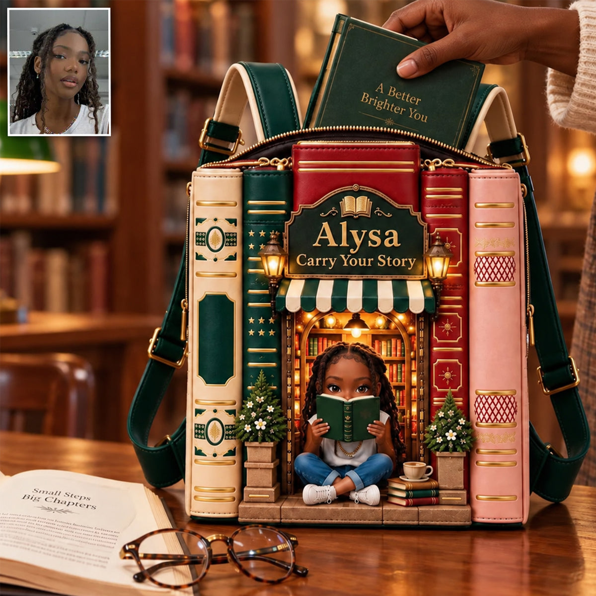 Vintage Stack Bookstore Bag - Personalized Book Changeable Leather Patch Backpack