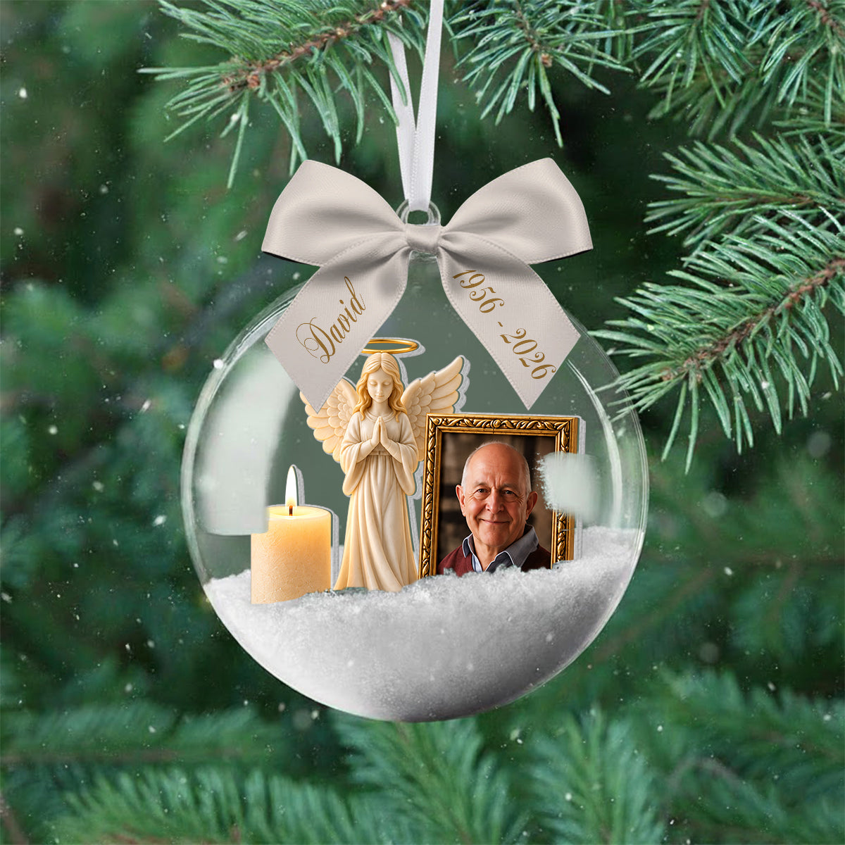Guardian Angel - Personalized Memorial Snow Globe Ornament With Bow