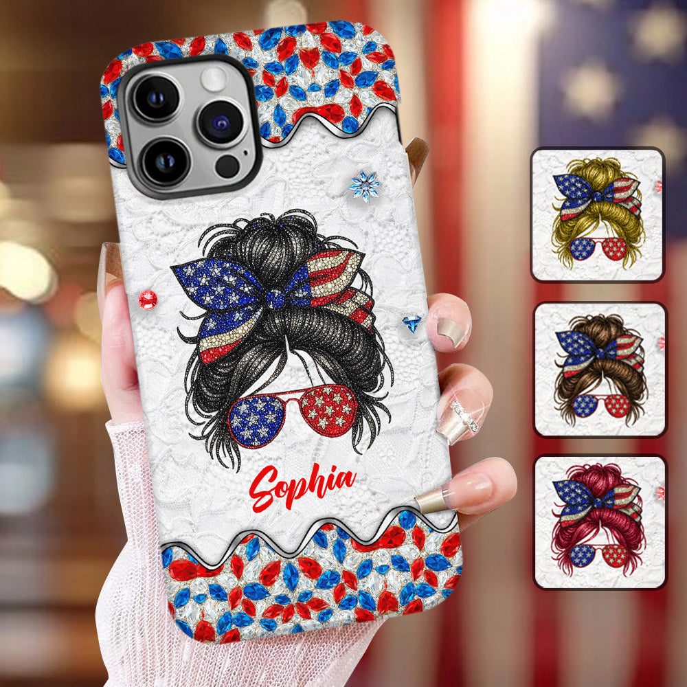 Messy Bun Girl - Personalized Independence Day/ 4th of July Full Print Phone Case