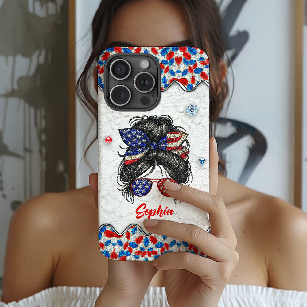 Messy Bun Girl - Personalized Independence Day/ 4th of July Full Print Phone Case