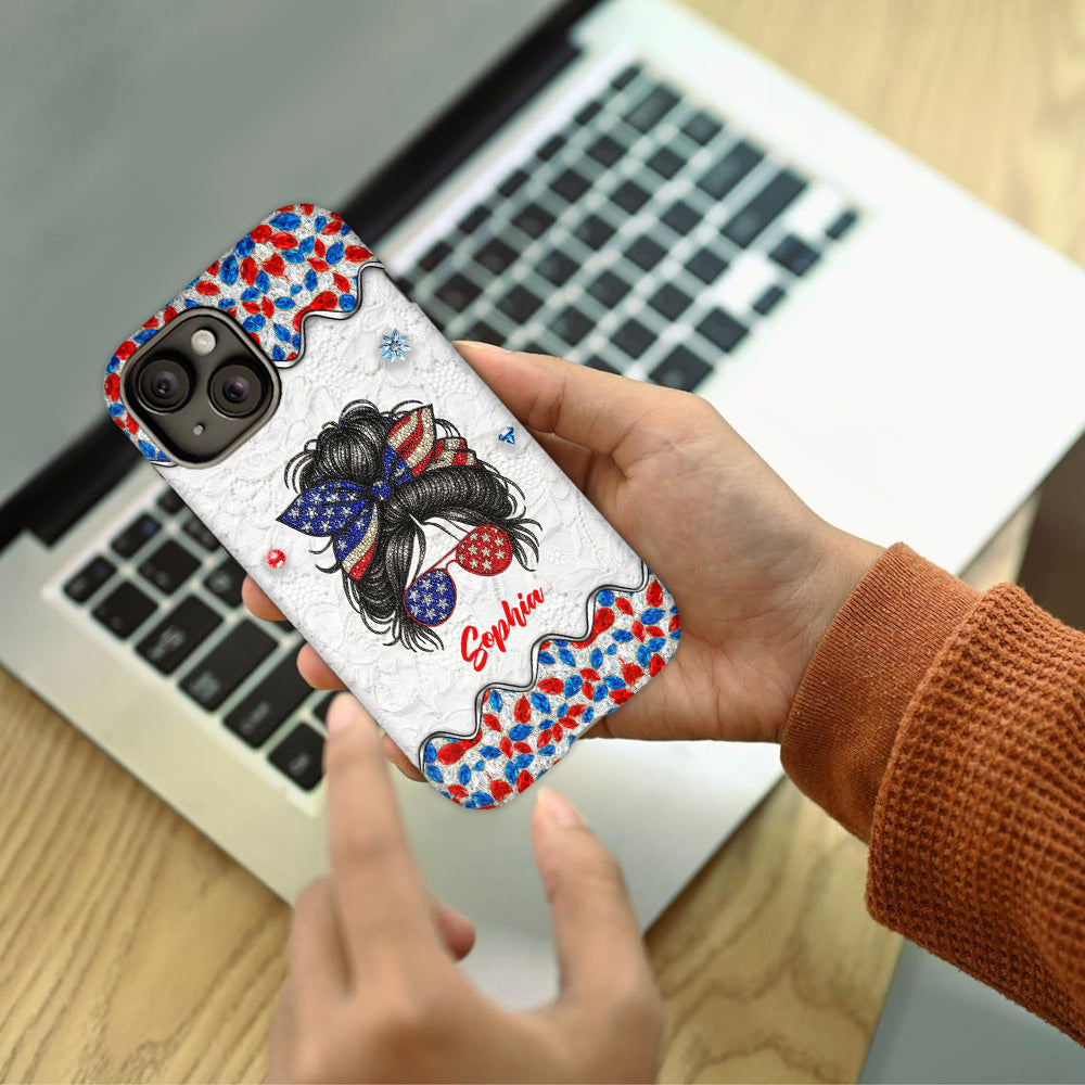 Messy Bun Girl - Personalized Independence Day/ 4th of July Full Print Phone Case