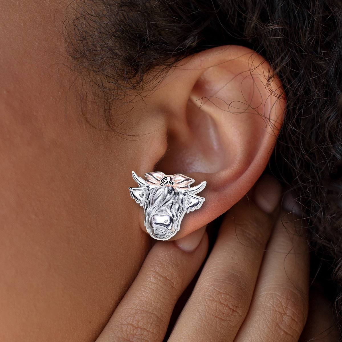 Western Style Bow Bull - Personalized Highland Cow Stud Earrings