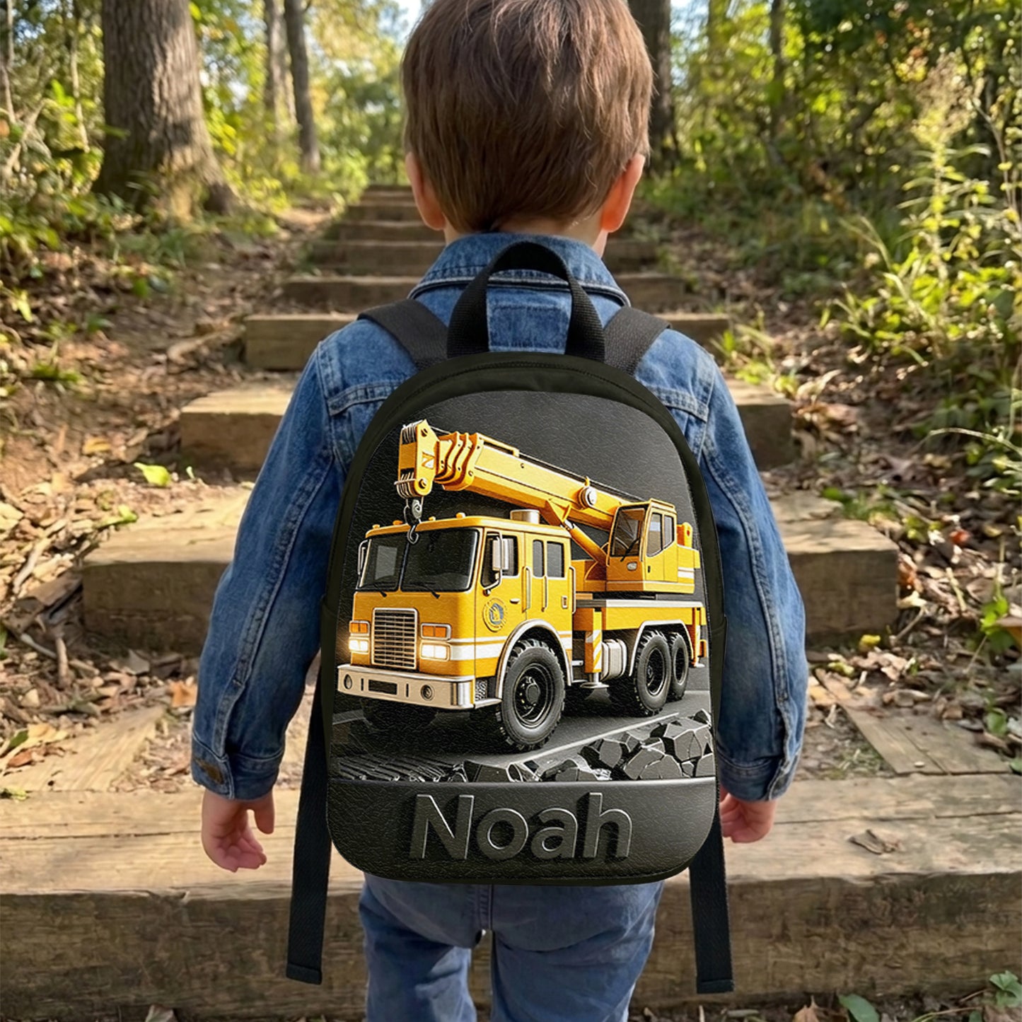 Construction Vehicle, Back To School Gift for Kids - Personalized Kid Changeable Leather Patch Backpack